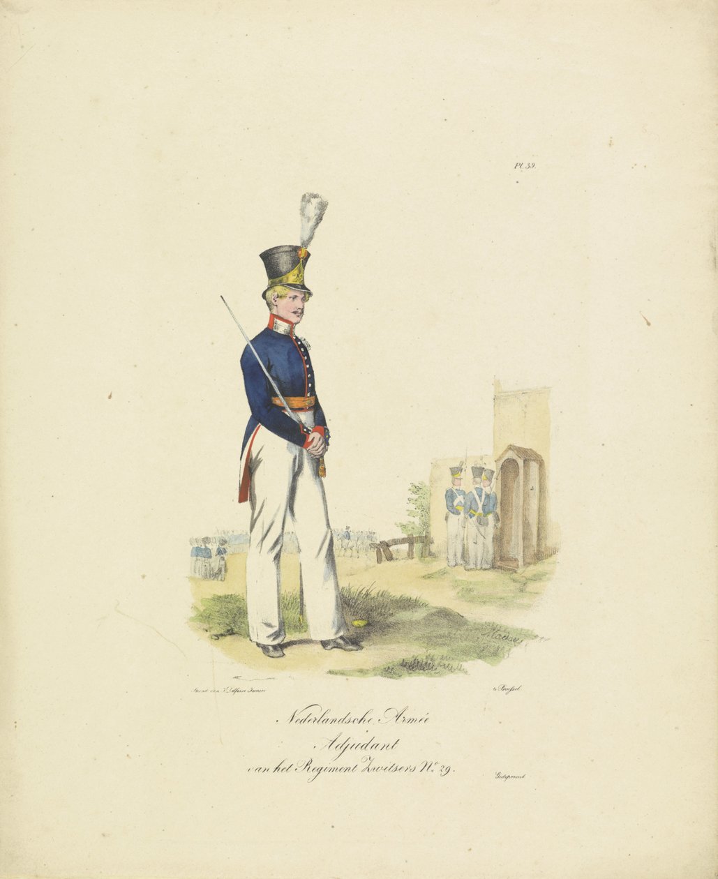 Ajudante do Regimento Suíço, 1820-1825 Nederlandsche Armée Ajudante do Regimento Suíço No. 29 (título no objeto) Trajes militares do Reino dos Países Baixos. Dedicado a Sua Excelência Willem van Bylandt (título da série no objeto de Jean Baptiste Madou