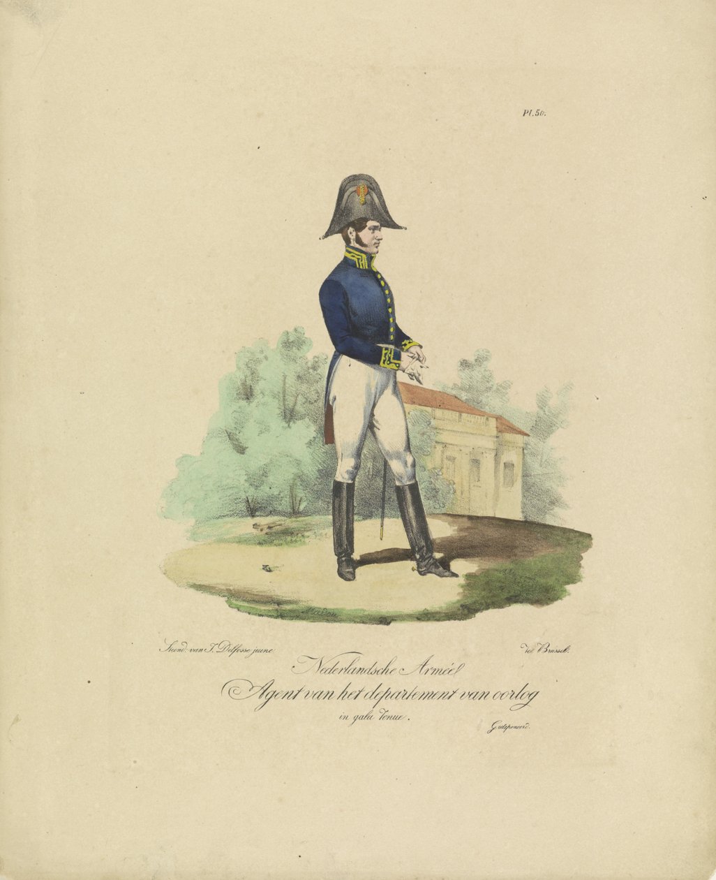 Agente do Departamento de Guerra, 1820-1825
Agente armado holandês do Departamento de Guerra em Gala Tenue (título sobre o objecto)
Fatos militares do Reino dos Países Baixos. Dedicado a Sua Excelência Willem van Bylandt (série titl de Jean Baptiste Madou