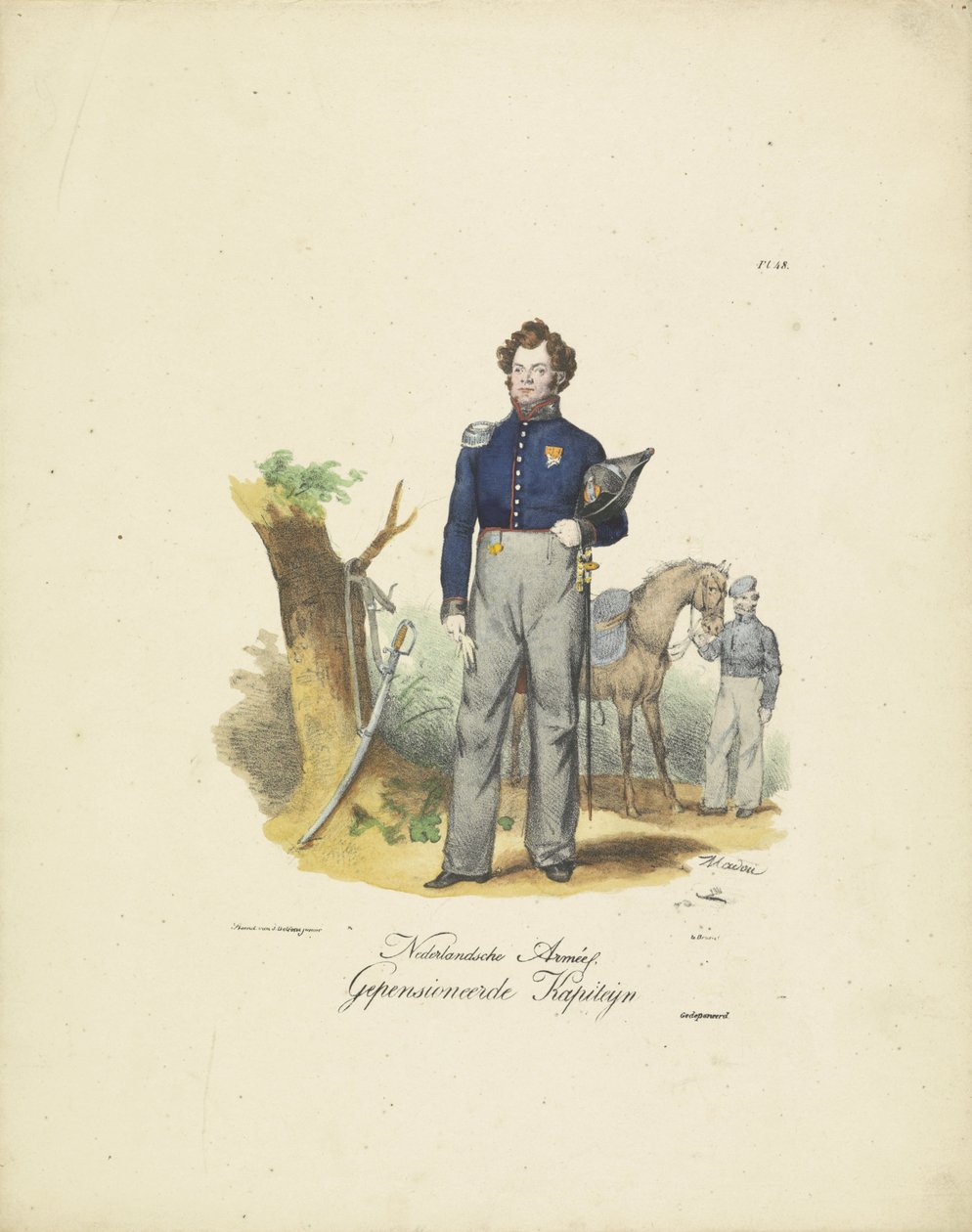 Capitão aposentado, 1820-1825 Nederlandsche Armée, aposentado Kapiteyn (título no objeto) Trajes militares do Reino dos Países Baixos. Dedicado a Sua Excelência Willem van Bylandt (título da série no objeto) de Jean-Baptiste Madou