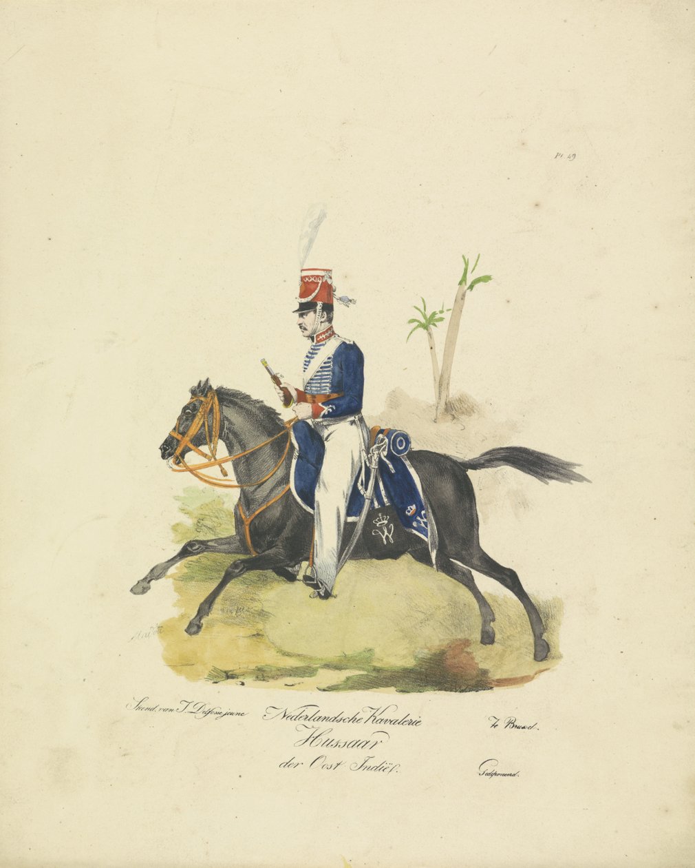Hussar do Exército Holandês das Índias Orientais, 1820-1825
Nederlandsche Kavalerie Hussaar der Oost Indië (título sobre o objecto)
Fatos militares do Reino dos Países Baixos. Dedicado a Sua Excelência Willem van Bylandt (título da série sobre o objecto) de Jean Baptiste Madou