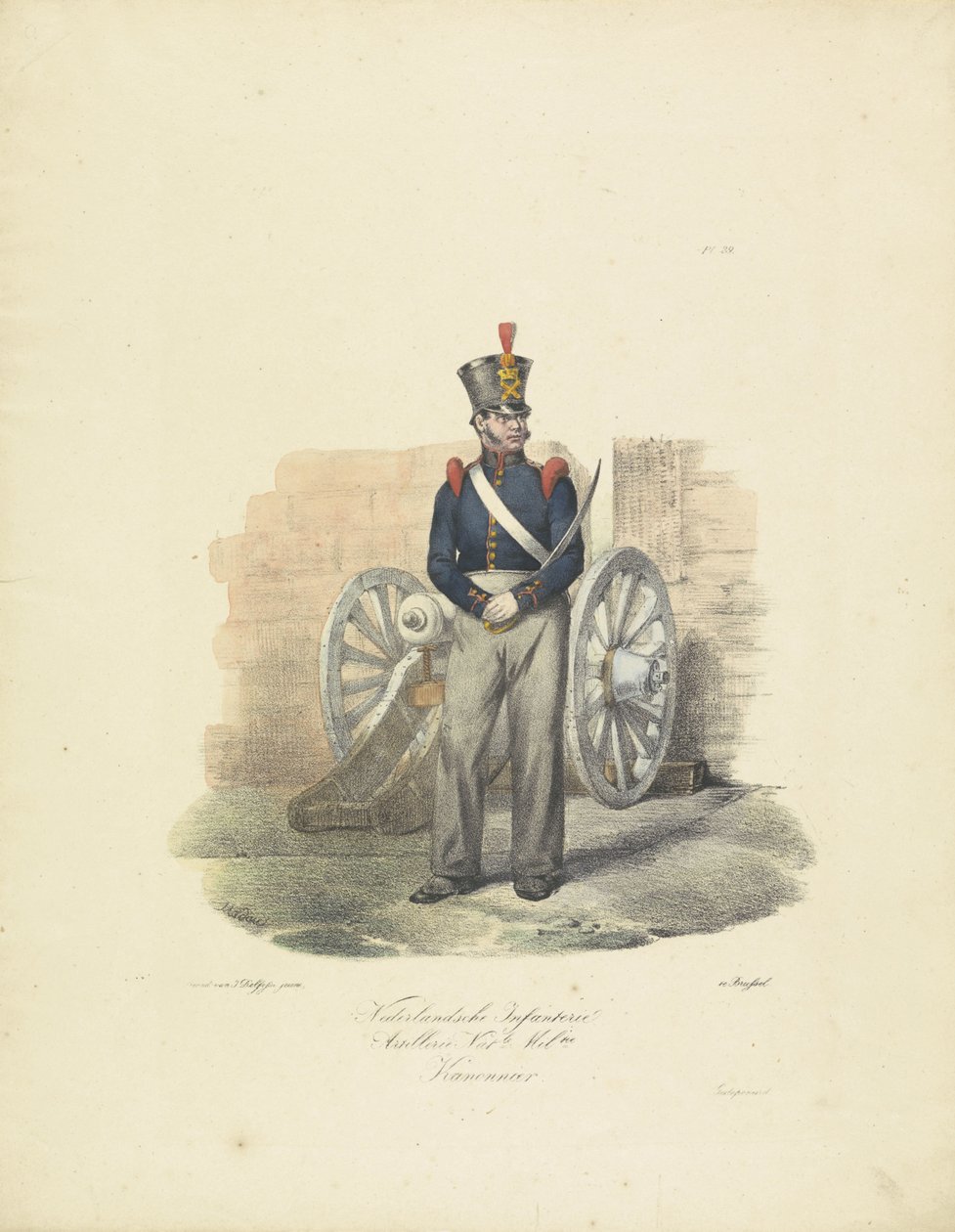 Gunner, 1820-1825
Nederlandsche Infanterie Artillerie Nat.le Mil.tie Kanonnier (título sobre o objecto)
Fatos militares do Reino dos Países Baixos. Dedicado a Sua Excelência William de Bylandt (título da série sobre o objecto) de Jean Baptiste Madou