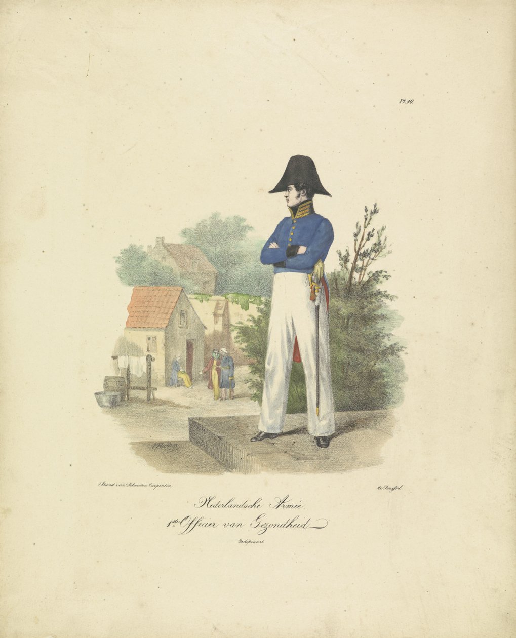 Oficial de Saúde, 1820-1825 Exército Holandês. 1º Oficial de Saúde Trajes militares do Reino dos Países Baixos. Dedicado a Sua Excelência Willem van Bylandt (título da série no objeto) de Jean Baptiste Madou