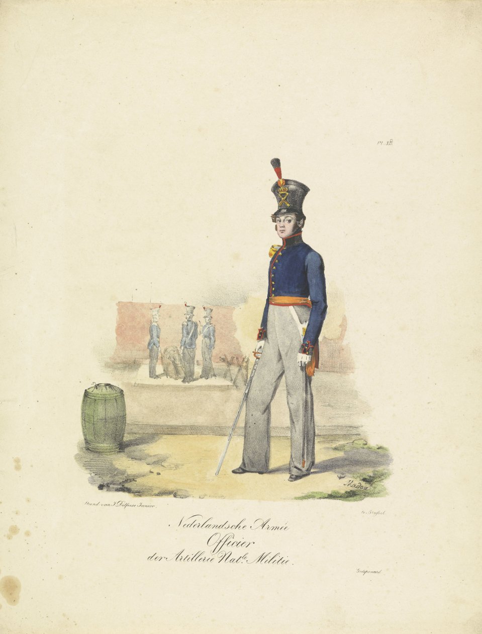 Oficial de Artilharia, 1820-1825 Nederlandsche Armée Officier der Artillerie Nat.le Militie (título no objeto) Trajes militares do Reino dos Países Baixos. Dedicado a Sua Excelência Willem van Bylandt (título da série no objeto) de Jean-Baptiste Madou