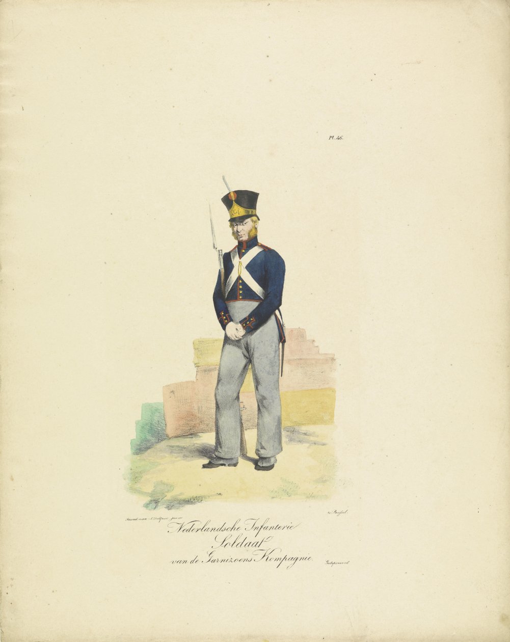 Soldado da Garrison Company, 1820-1825
Nederlandsche Infanterie Soldaat van de Garnizoens Kompagnie (título sobre o objecto)
Fatos militares do Reino dos Países Baixos. Dedicado a Sua Excelência William de Bylandt (título da série sobre o objecto) de Jean Baptiste Madou