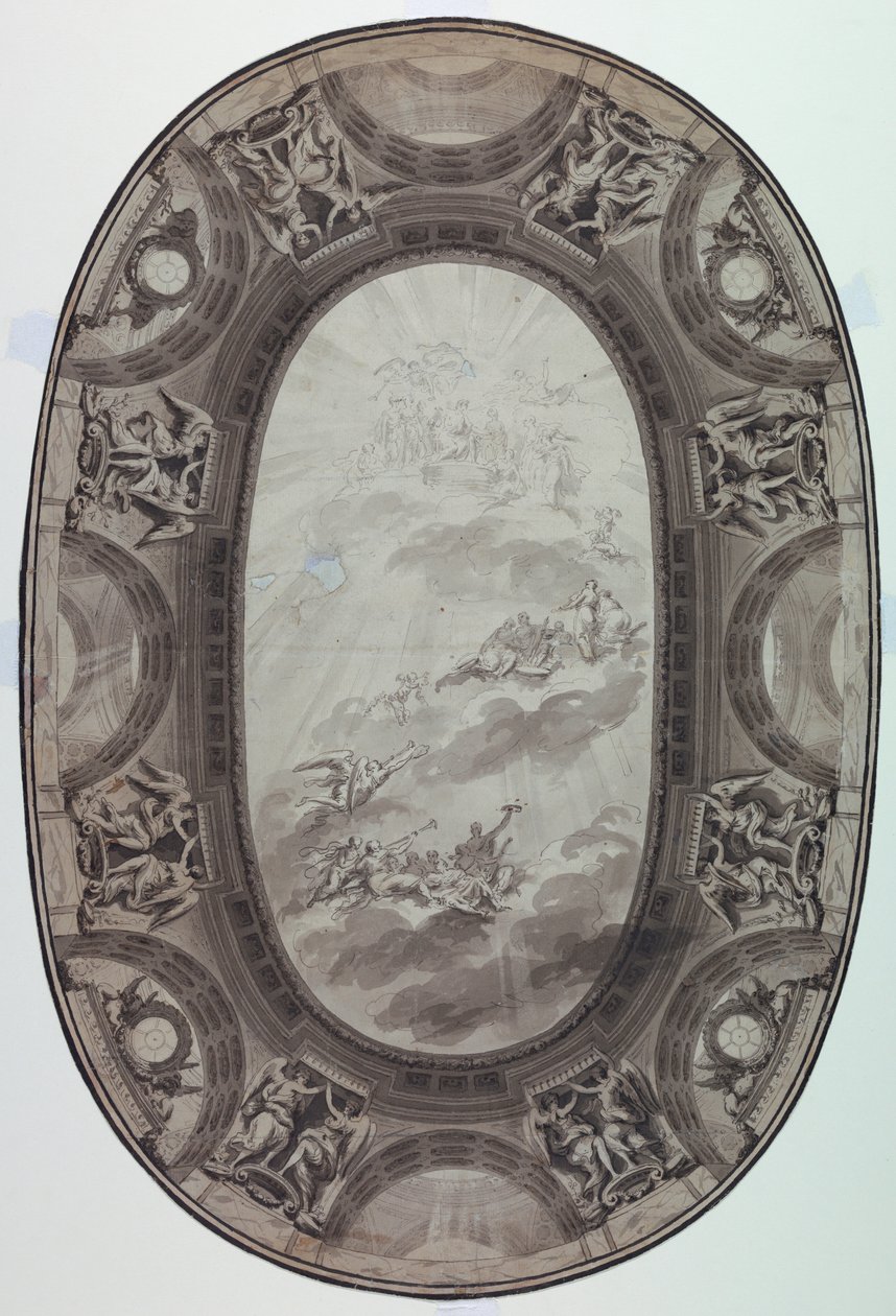 Desenho, Projeto para a Decoração Pintada do Teto de um Salão (Teto Oval Pintado), 1761 de Jean Baptiste Marie Pierre