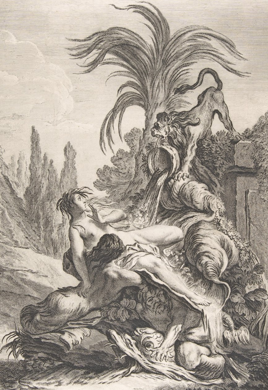 A Naiad Assustada Uma naiad desgrenhada recuou horrorizada ao ver um leão, ca. 1740, de Jean Baptiste Marie Pierre