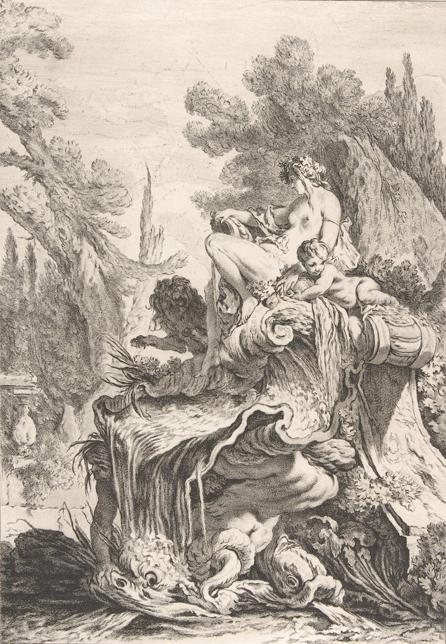 A Ninfa Sentada Fonte com uma náiade assentada sobre uma concha, ca. 1740. de Jean Baptiste Marie Pierre