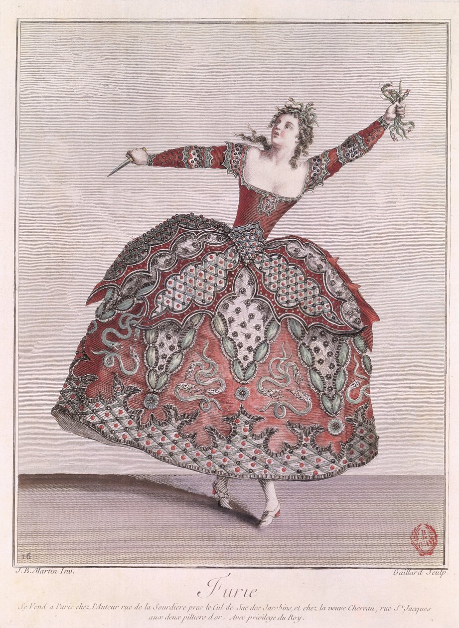 Figurinos para Fúria em &39;Hippolyte et Aricie&39; de Jean-Philippe Rameau (1683-1764) gravado por Rene Gaillard (c.1710-90) de Jean Baptiste Martin