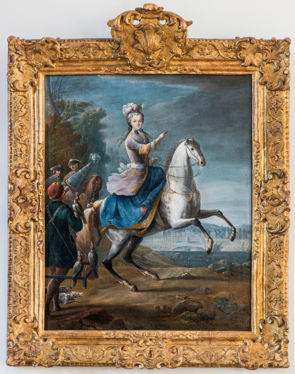 Retrato equestre de Marie Leszczynska, esposa de Luís XV por Martin Jean Baptiste (Martin Des Battailles) (1659 - 1735). (caça de Foucon primeiro do castelo de Fontainebleau) - Musee de Sceaux. (leczinska, Leczynska, Lesczinska, Lesczynska, Leszczinska, L de Jean Baptiste Martin