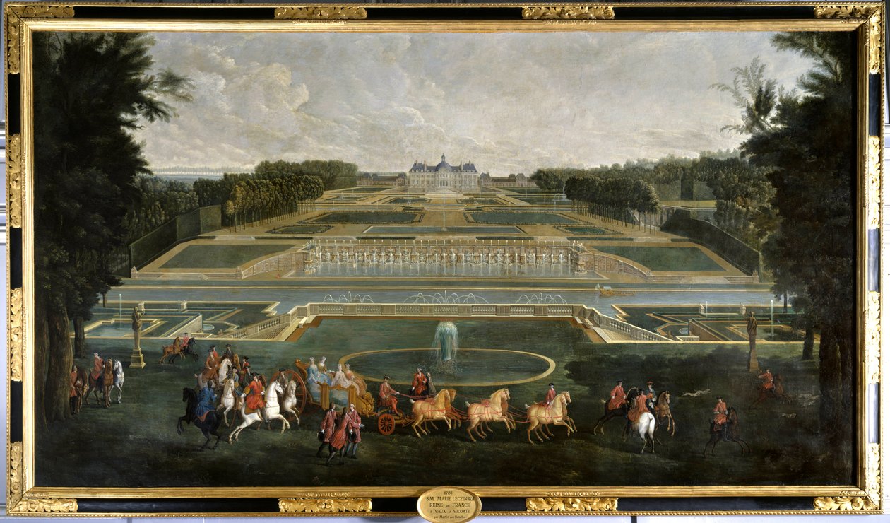 Marie Lescszinska, Rainha de França (1703-1768) (Leczinska, Lescszinka, Leszinka) nos jardins do castelo de Vaux Le Vicomte (Vaux-Le-Vicomte) Pintura de Jean Baptiste Martin (1659-1735) 1728 Chateau De Vaux Le Visomte. - Marie Lescszinska, Rainha de F de Jean Baptiste Martin