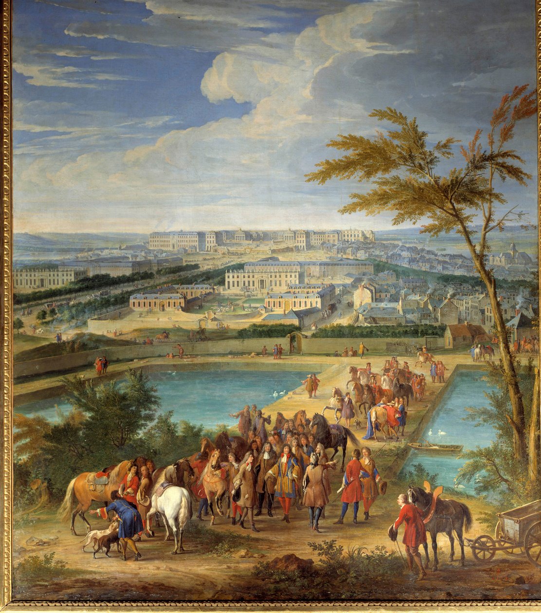 Vista da cidade e do castelo de Versalhes tirado da colina de Montbauron, Luís XIV (1638-1715) e François Michel le Tellier, Marquês de Louvois visita as novas represas Pintura de Jean-Baptiste Martin (o Ancião) (1659-1735) Sol do século XVII. 2, de Jean Baptiste Martin