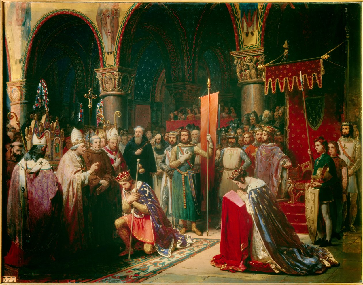 O rei Luís VII (1120-1180) leva a chama oriunda da Basílica de Saint Denis (Saint Denis) na presença da rainha Alienor da Aquitânia e recebe das mãos do Papa Eugénio III (? -1153) o abelhudo e o pannetière da pelerina, antes da sua partida de Jean Baptiste Mauzaisse