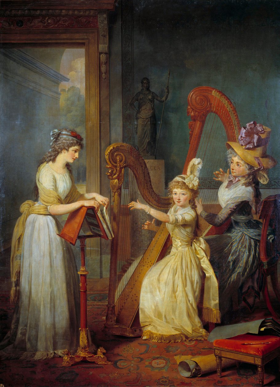Stephanie Felicite Ducrest de Saint-Aubin, Condessa de Genlis (chamada Madame de Genlis) (1746-1830) dá uma palestra de harpa aos filhos do Duque de Orleans no castelo de Saint Leu Pintura de Jean Baptiste Mauzaisse (1784-1844) Sol do século XIX. 2,4 de Jean Baptiste Mauzaisse