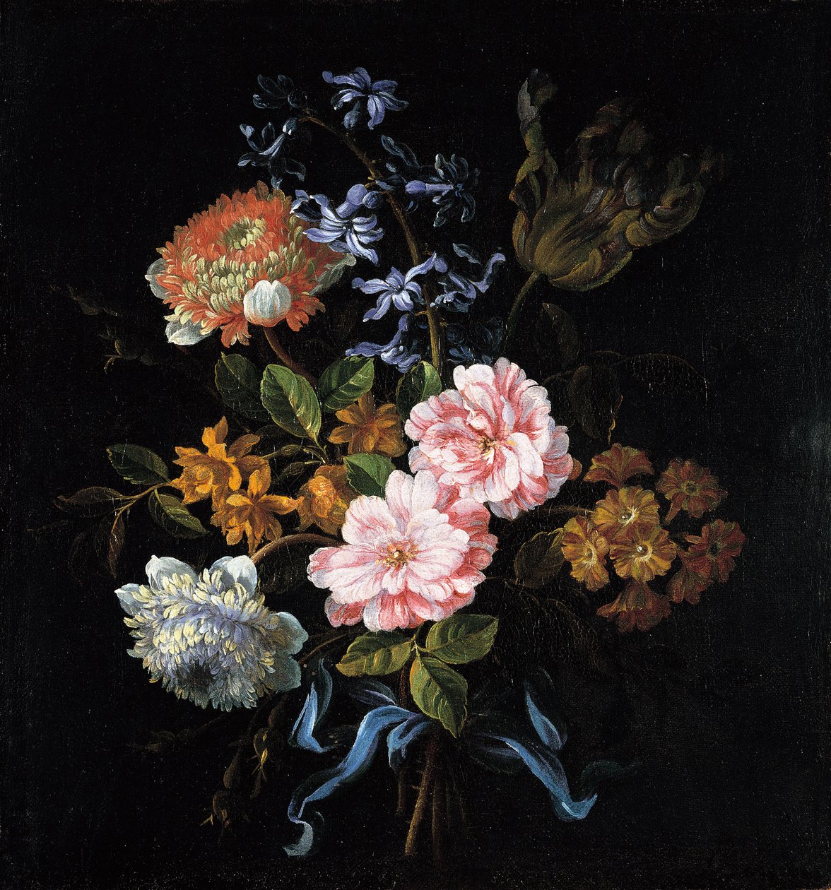 Buquê de anêmonas de papoula, rosas, campernelle duplo, um jacinto, uma tulipa e aurícula amarrada com ab de Jean Baptiste Monnoyer