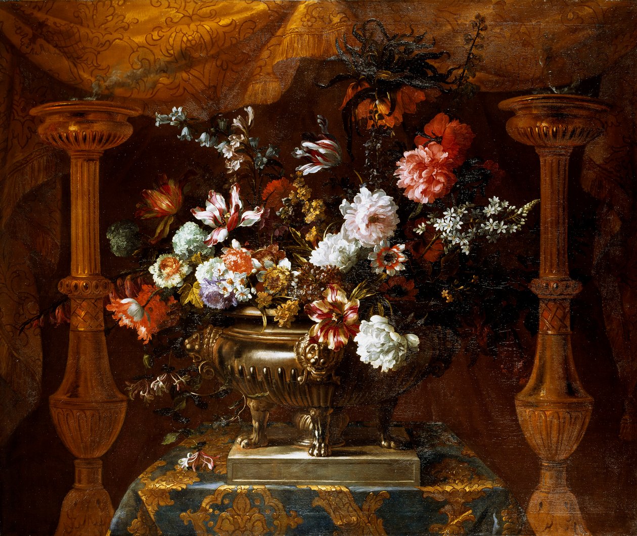 Natureza morta com flores num vaso de prata com queimadores de perfume, c.1690-99 (óleo sobre tela) de Jean Baptiste Monnoyer