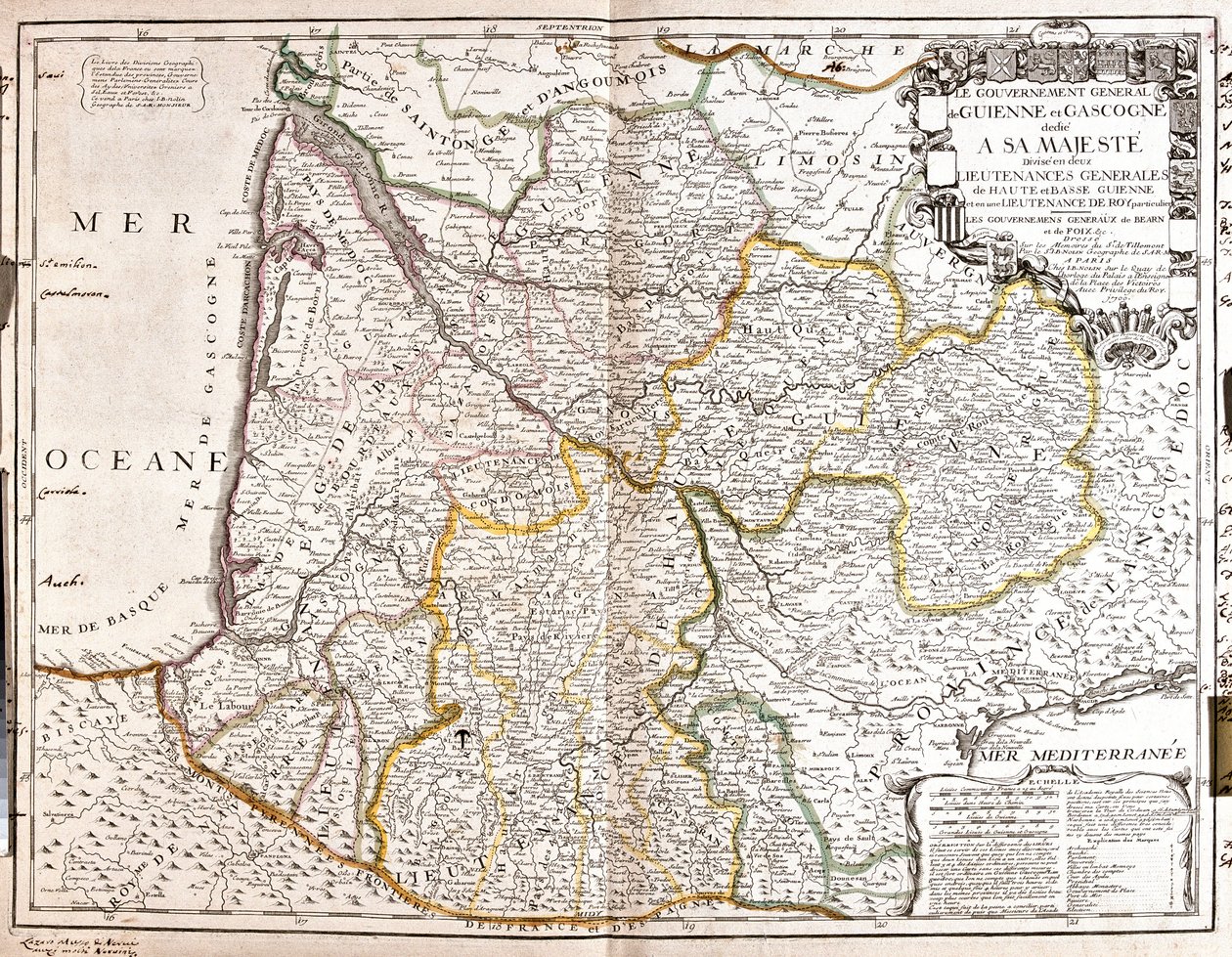 Mapa de Guyenne e Gascogne (Sudoeste da França) (Gravura de Jean Baptiste Nolin