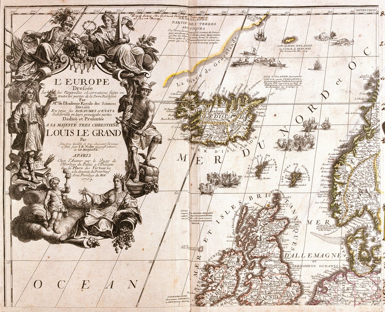 Mapa da Islândia e do Norte das Ilhas Britânicas, no Mar do Norte de Jean Baptiste Nolin