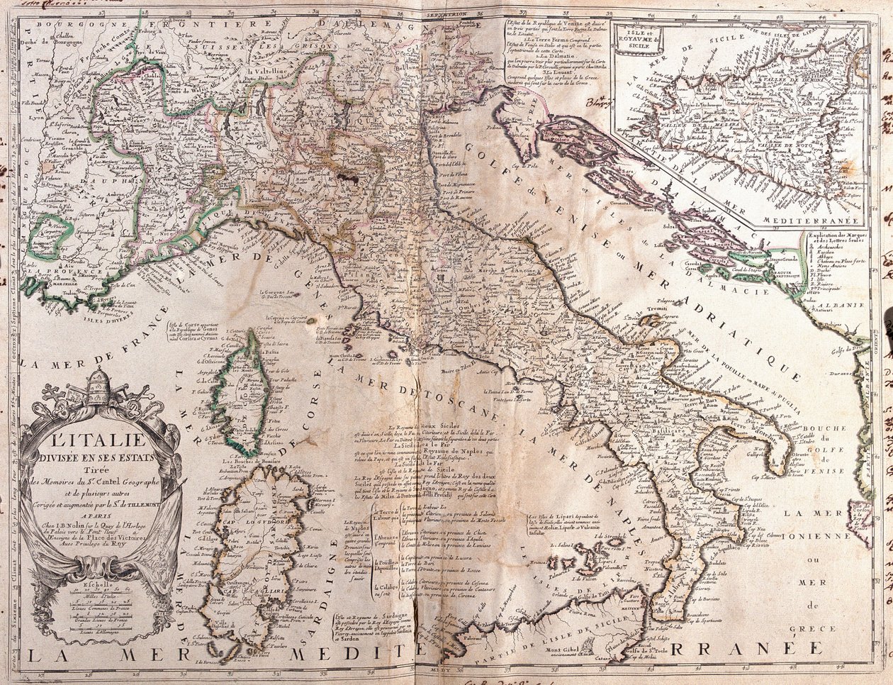 Mapa da Itália, com Córsega, Sardenha e Sicília (Gravura de Jean Baptiste Nolin