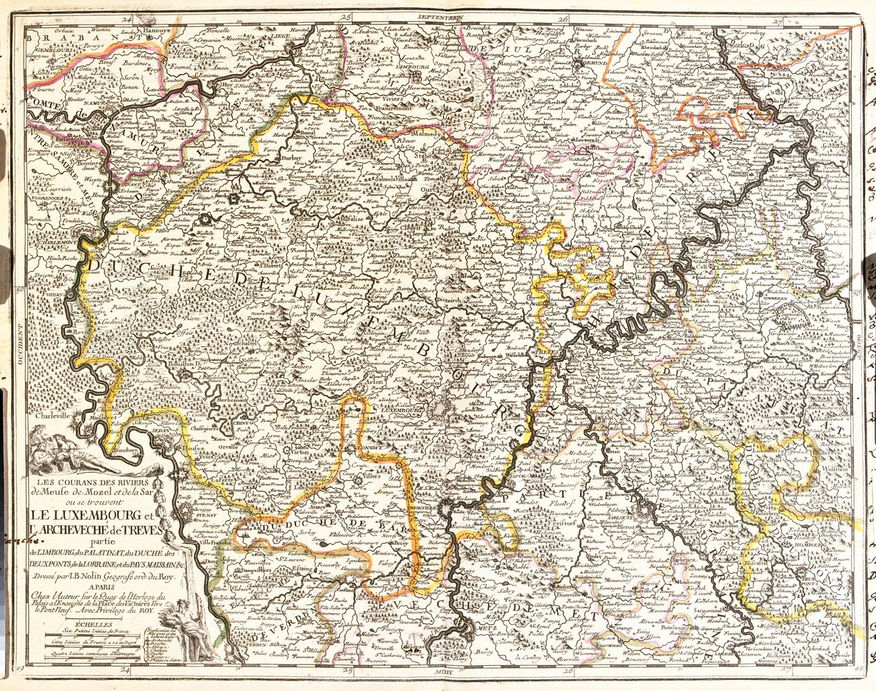 Mapa do Luxemburgo e da diocese de Treves (Alemanha) (Gravura de Jean Baptiste Nolin