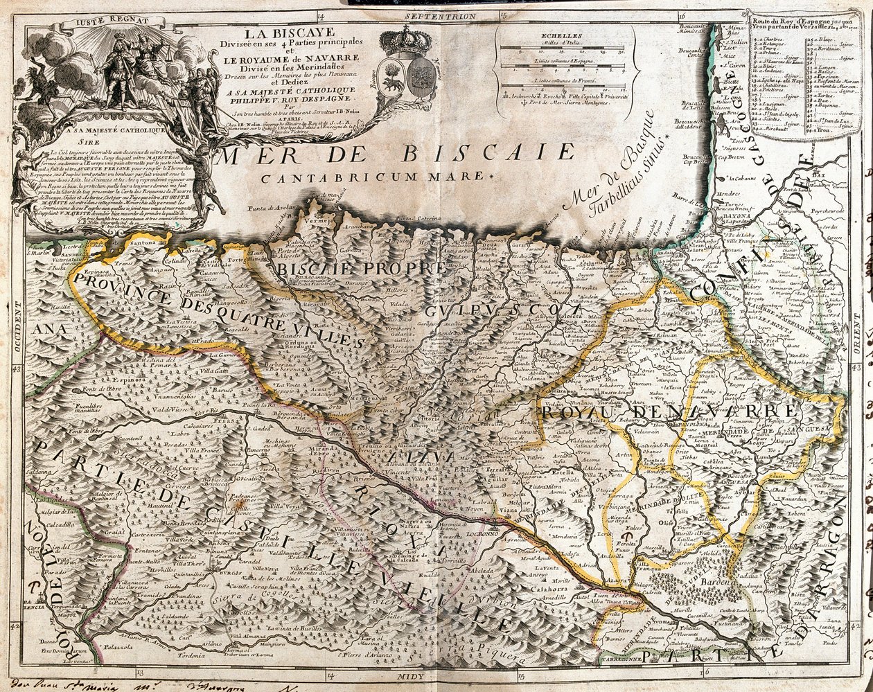 Mapa da província da Biscaia (Espanha) e do reino de Navarra (França) (Gravura de Jean Baptiste Nolin