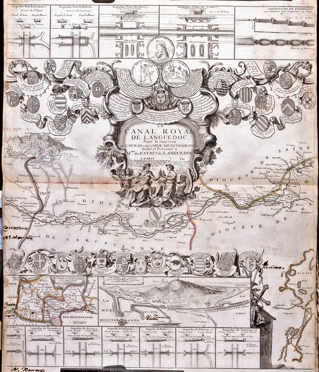 Mapa do Canal du Midi, com os seus aquedutos (Gravura de Jean Baptiste Nolin