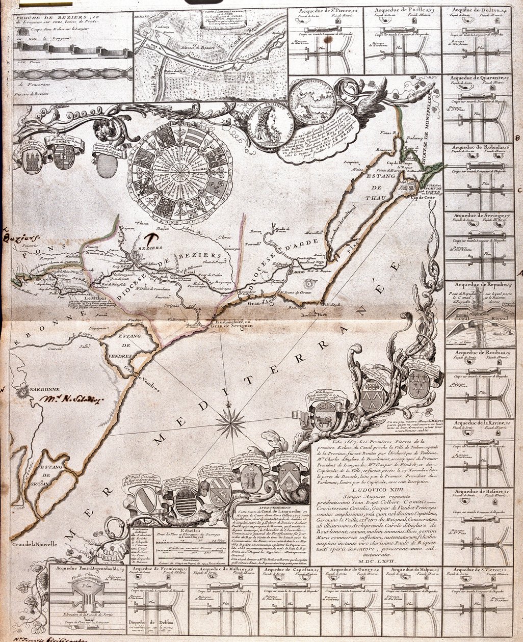 Mapa do Canal du Midi, com os seus aquedutos (Gravura de Jean Baptiste Nolin