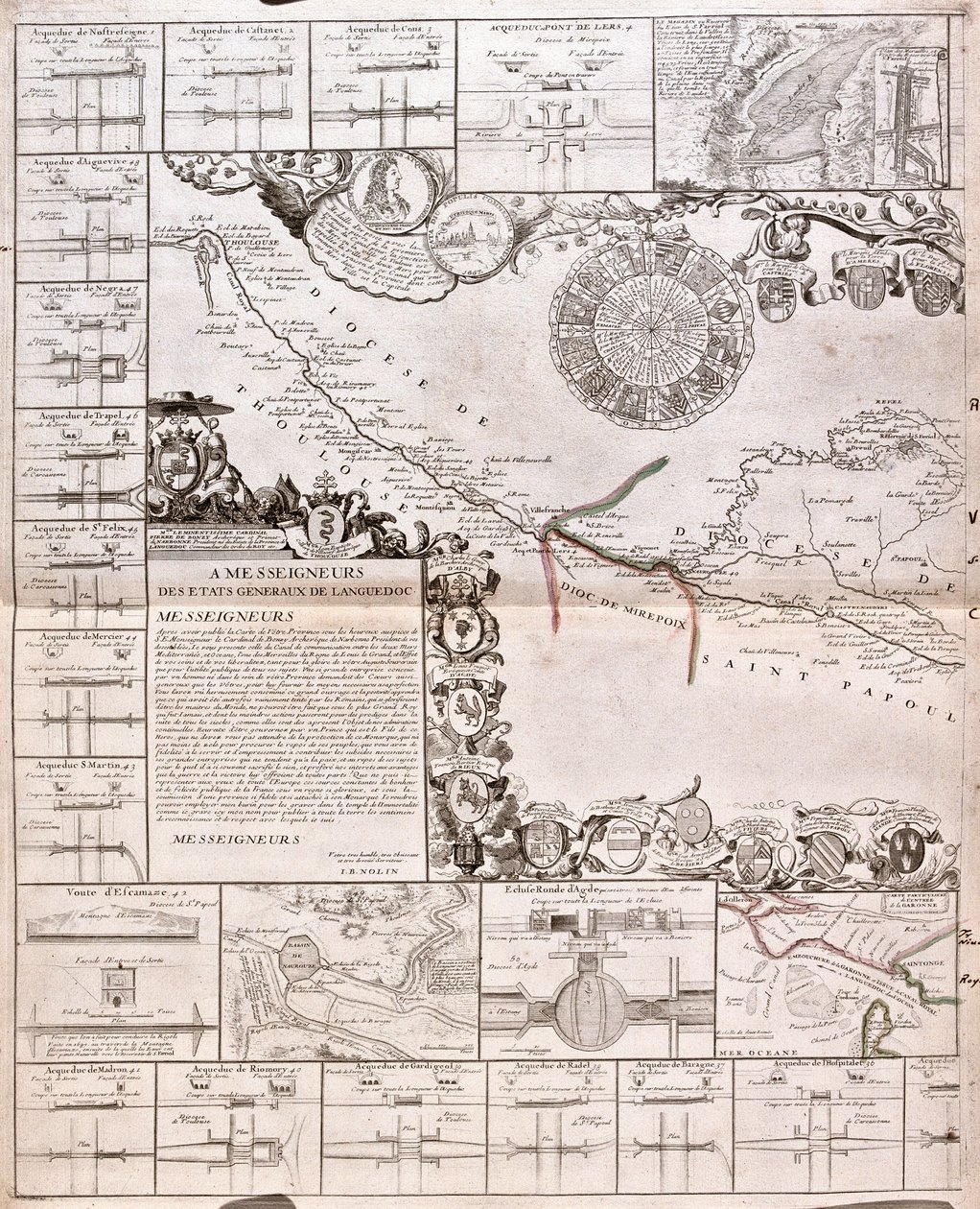 Mapa do Canal du Midi, com os seus aquedutos (Gravura de Jean Baptiste Nolin