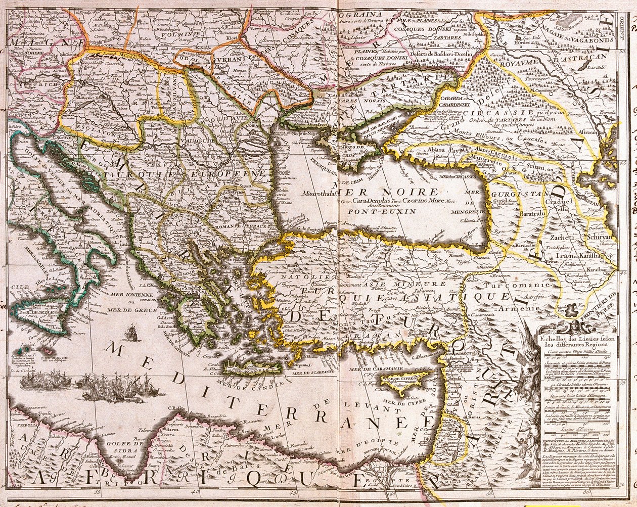 Mapa dos países do Mediterrâneo Oriental e do Mar Negro, da Turquia e das províncias da Ásia Menor (gravura de Jean Baptiste Nolin