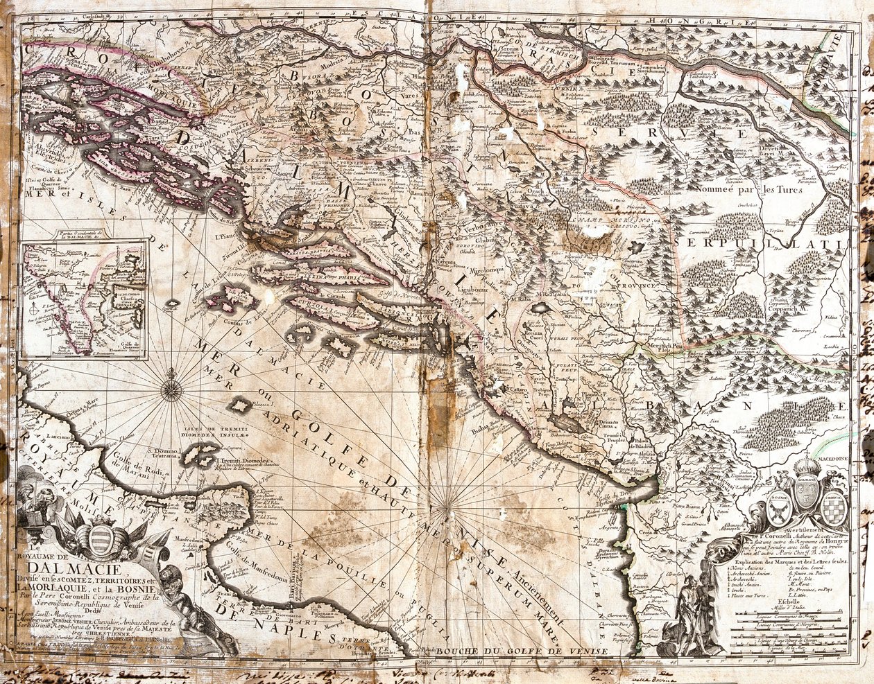 Mapa do Reino da Dalmácia (actual Croácia e Montenegro), na costa do Golfo de Veneza (Mar Adriático) (Gravura de Jean Baptiste Nolin