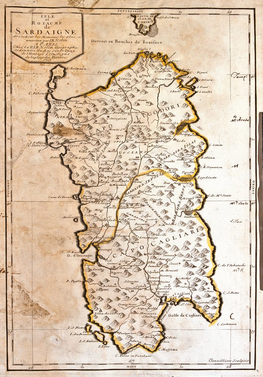 Mapa do Reino da Sardenha (Itália) (Gravura de Jean Baptiste Nolin