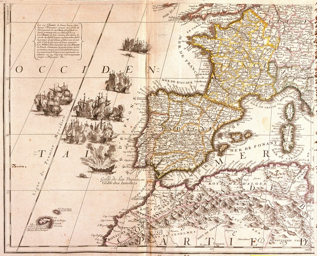 Mapa dos países do Mediterrâneo Ocidental: França, Espanha, Portugal e Norte de África (Marrocos, Argélia, Tunísia), com as Baleares, Córsega e Sardenha (gravura de Jean Baptiste Nolin