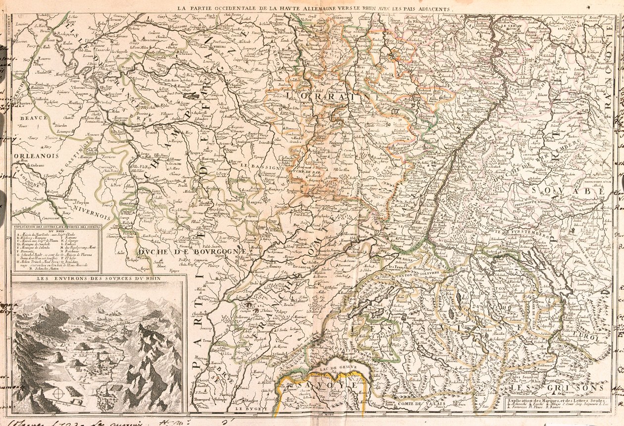 Mapa da área ao redor do Reno (Alemanha, Suíça, França) (Gravura de Jean Baptiste Nolin