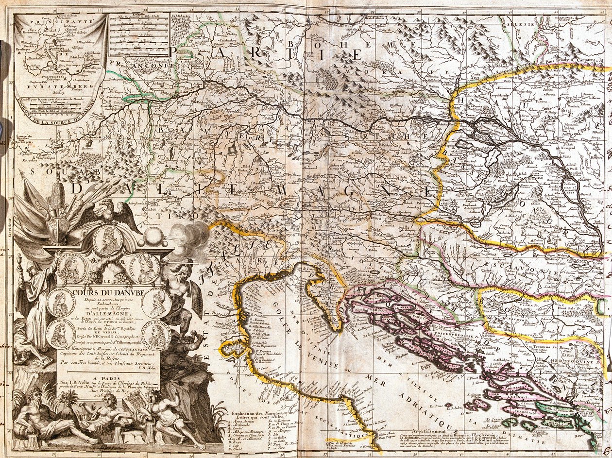 Mapa do curso do rio Danúbio na Alemanha (Gravura de Jean Baptiste Nolin
