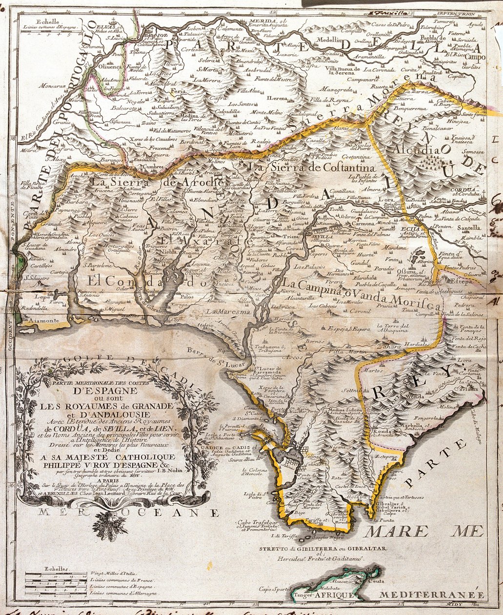 Mapa dos reinos de Granada e Andaluzia (Espanha) (Gravura de Jean Baptiste Nolin