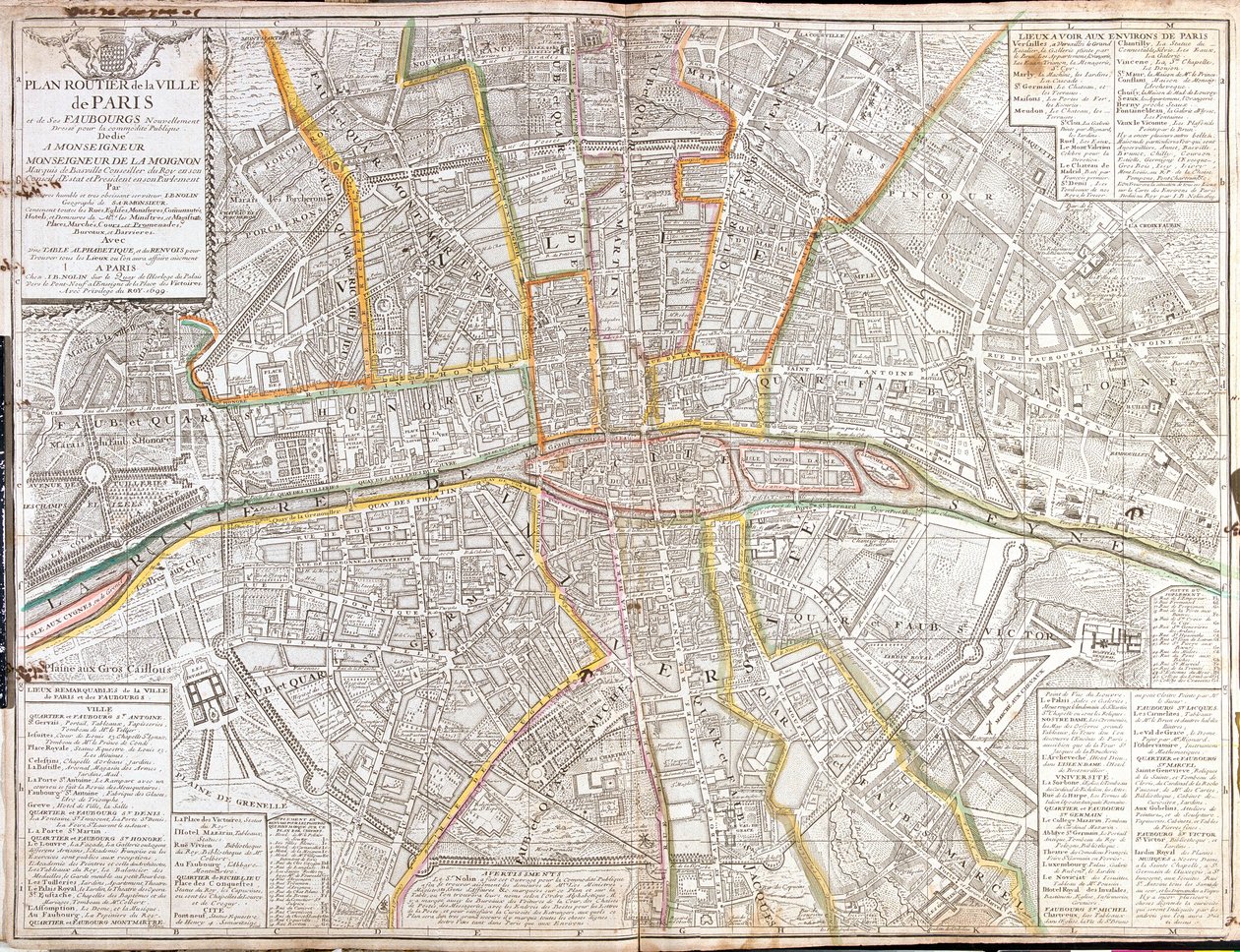 Mapa de estradas de Paris e dos seus subúrbios de Jean Baptiste Nolin