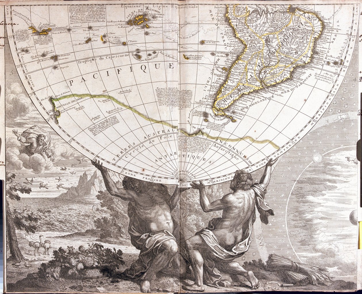 Dois homens apoiam o gobe terrestre, com o mapa da América do Sul (gravura de Jean Baptiste Nolin