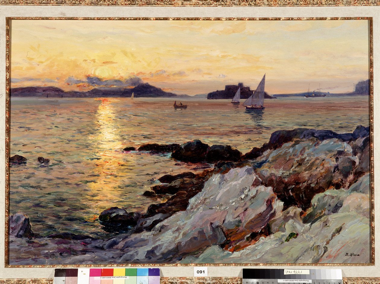 Pôr do sol em Frioul Pintura de Jean Baptiste Olive (1848-1936) Séc. XX Dim. 50x73 cm Menção obrigatória: Respeito à fundação da coleção de Provence, Marselha de Jean Baptiste Olive