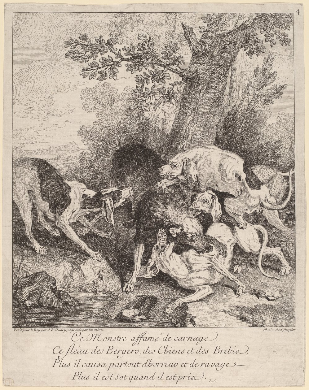 Um lobo atacado por cães de Jean Baptiste Oudry