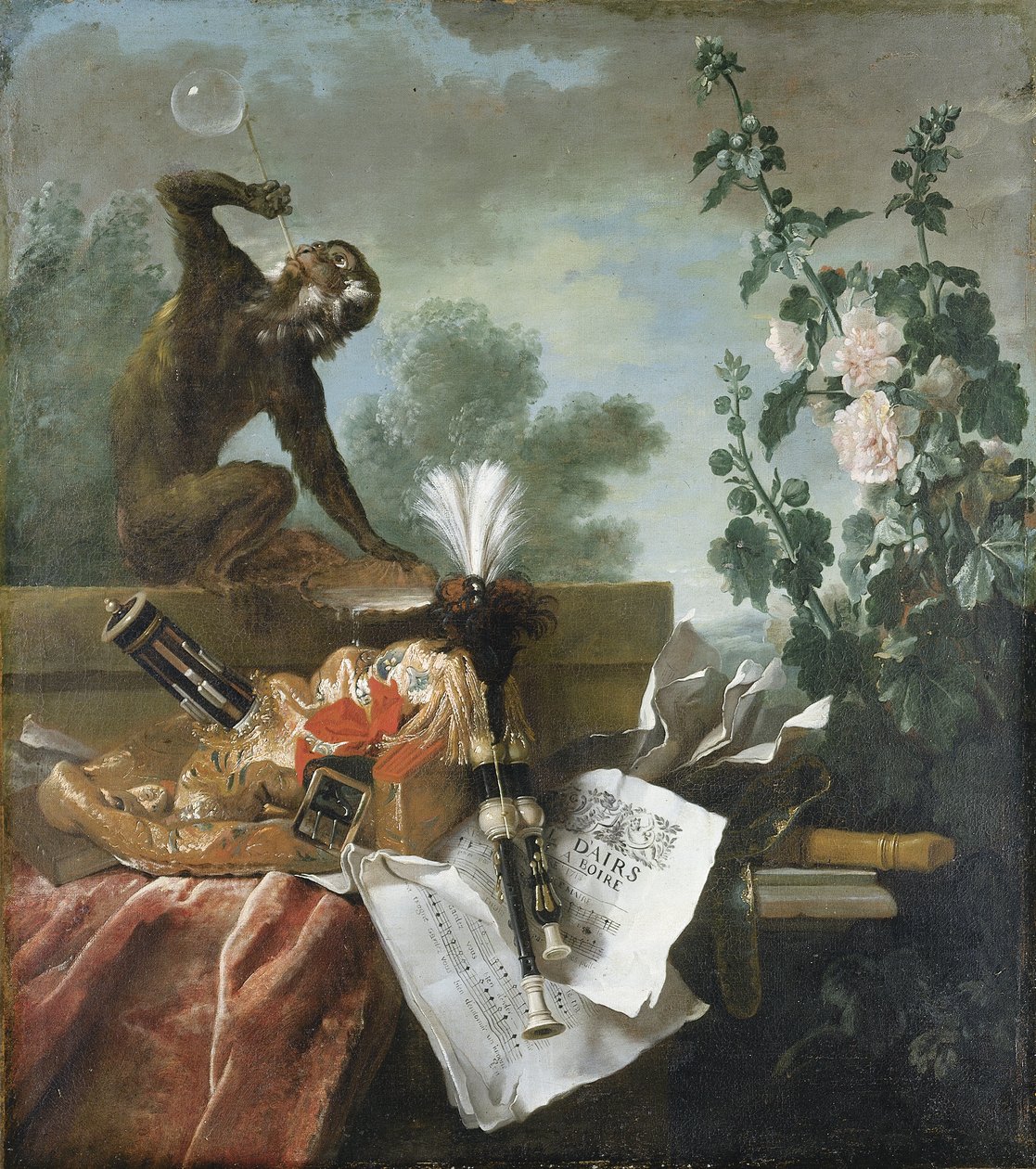 Uma Alegoria do Ar: uma natureza-morta musical com um macaco soprando bolhas, uma museta, uma flauta e partituras musicais de Jean Baptiste Oudry