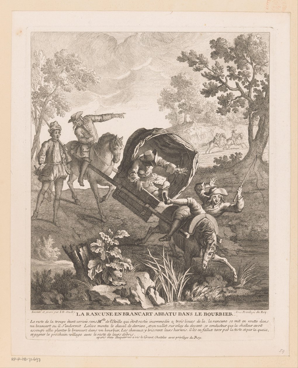 Portador com cavalos cai na água La Rancune en brancart abbatu dans le bourbier (title on object) Cenas de Roman Comique de Scarron (título da série) de Jean Baptiste Oudry