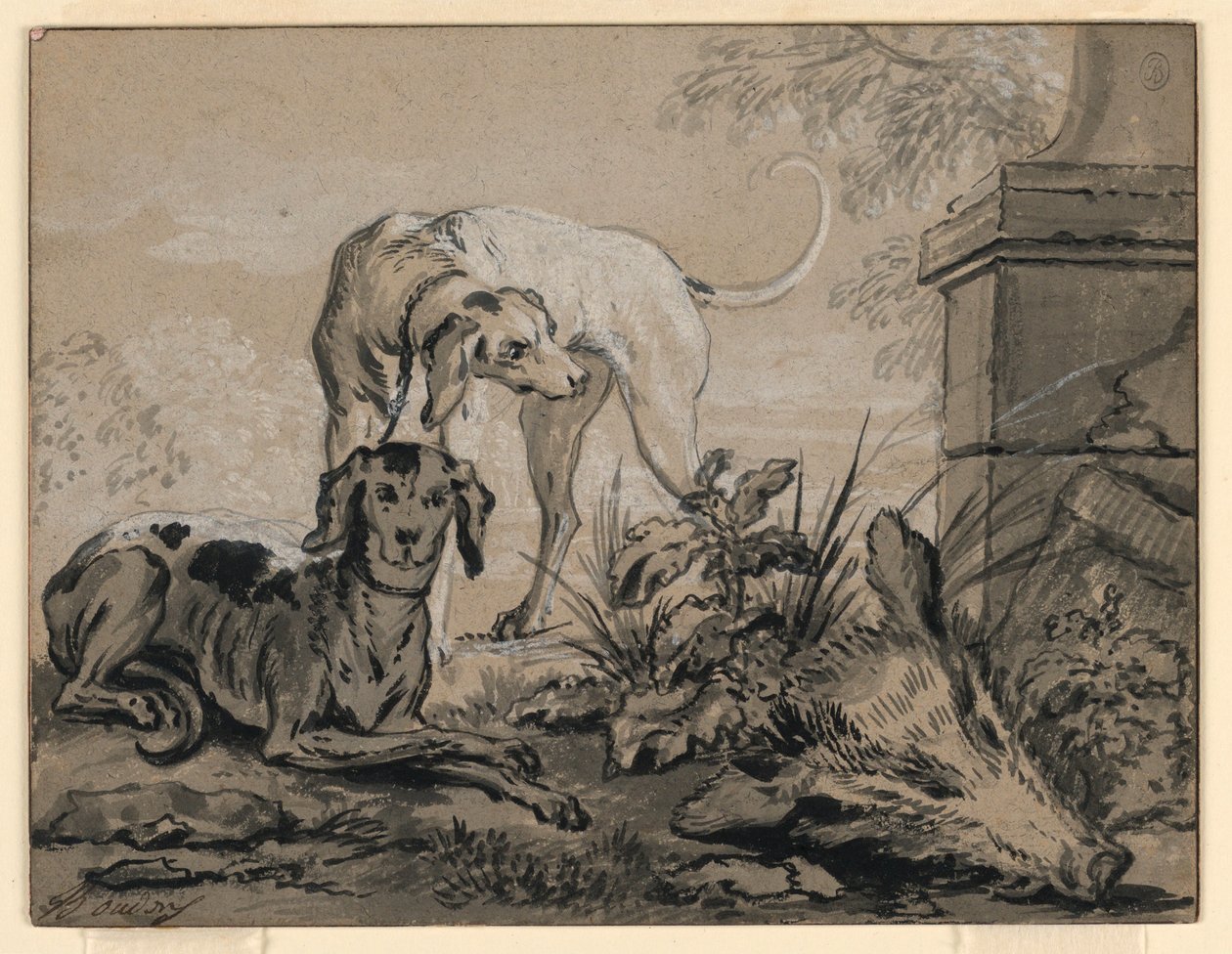 Desenho, Depois da Caça: Dois Cães de Caça ao lado de uma Cabeça de Javali, 1740 de Jean Baptiste Oudry