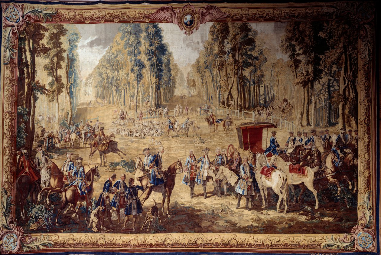Pendurado retratando as caçadas de Luís XVI: o encontro no cruzamento do poço do Rei na floresta de Compiegne. Tapeçaria de Jean Baptiste Oudry (1686-1755) 1737 Sol. 4,3x6,55 m Compiegne, musee national du chateau de Jean Baptiste Oudry