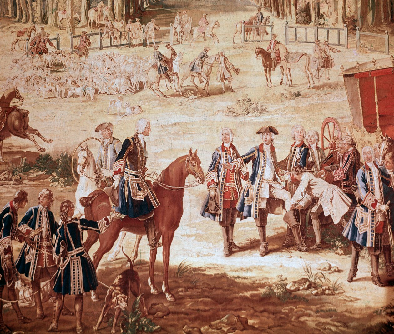 Caça a Luís XV Rei Luís XV caça na floresta de Compiegne (A Caça a Luís XV - Tapeçaria) o início da matilha Detalhe - Tapeçaria por Jean Baptiste Oudry (1686-1755) de Jean Baptiste Oudry