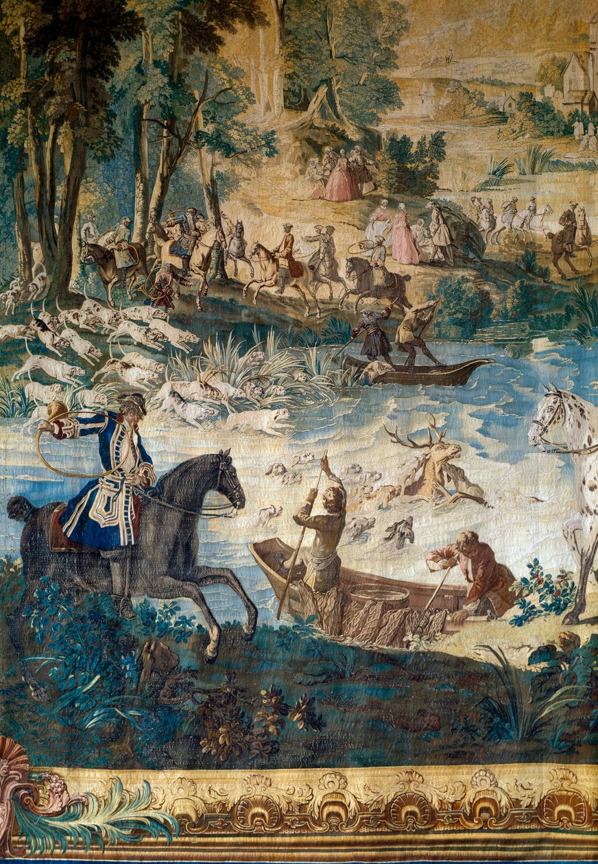 A caça de Luís XV: a morte do veado na lagoa. Detalhe. Tapeçaria de Jean Baptiste Oudry (1686 - 1755) de Jean Baptiste Oudry