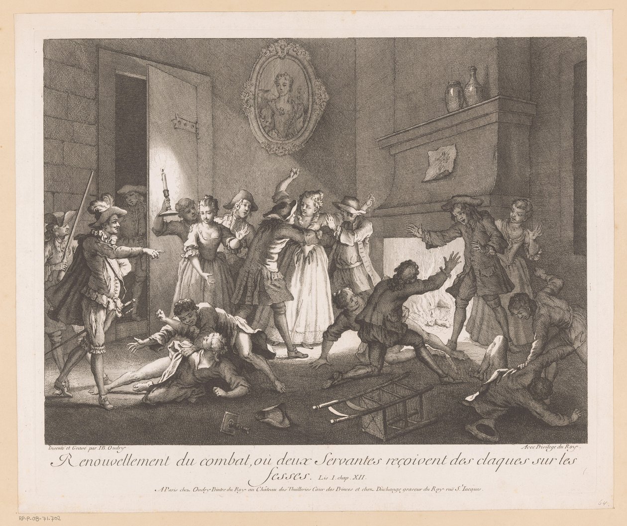 Interior com groep vechtende mensen Renovação da luta onde dois servos recebem tapas nas nádegas (título no objeto) Cenas de Roman Comique van Scarron (título da série) de Jean Baptiste Oudry