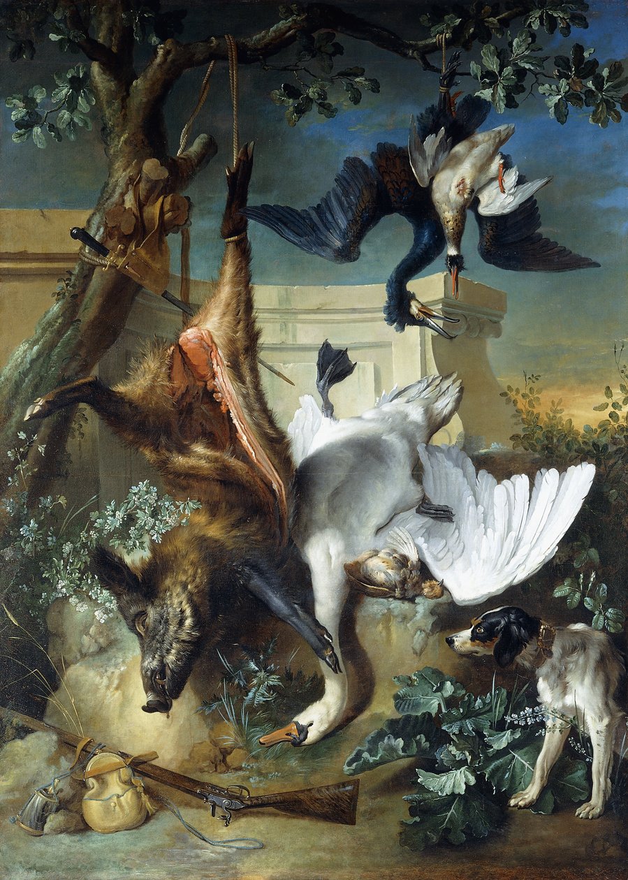 "O retorno da caça": um cão de caça que guarda mortos, de Jean Baptiste Oudry