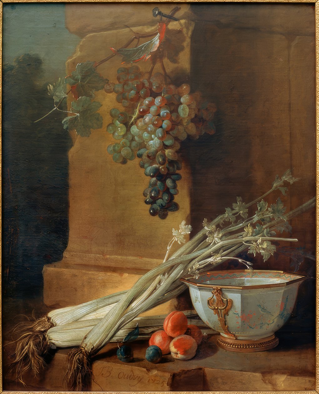 Natureza morta com fruta, aipo e uma tigela de porco de Jean Baptiste Oudry