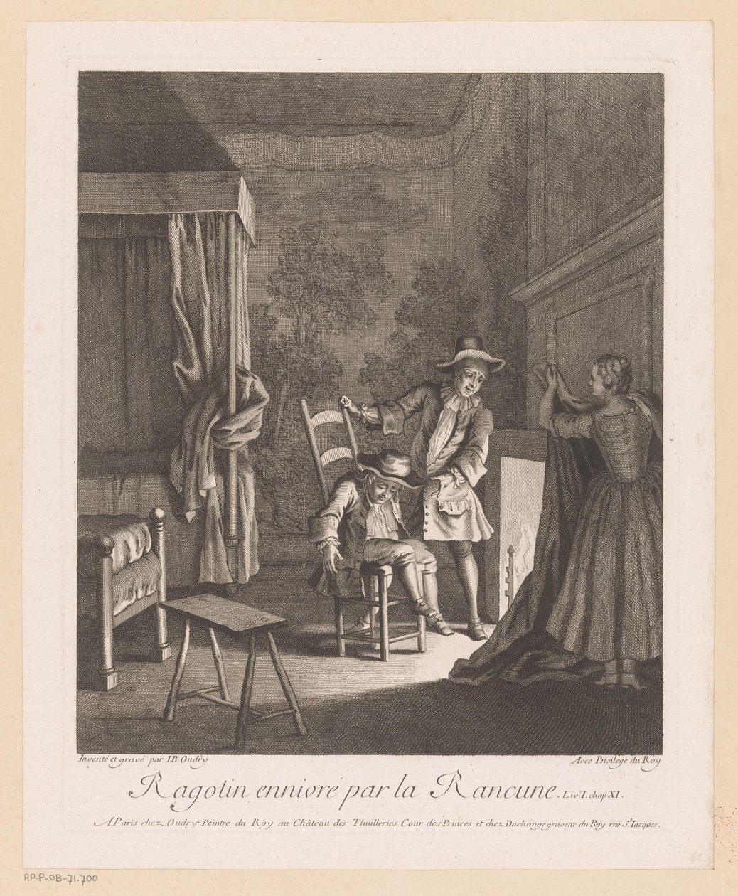 Ragotin bêbado em uma cadeira perto do fogo Ragotin ennivré par la rancune (título no objeto) Cenas de Roman Comique de Scarron (título da série) de Jean Baptiste Oudry