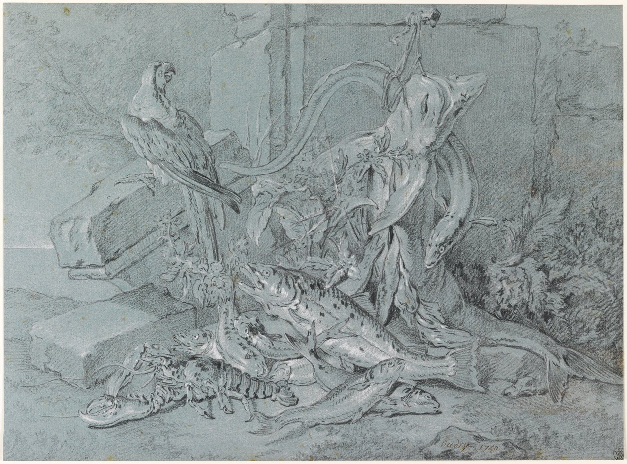 Natureza-morta com peixe e papagaio de Jean Baptiste Oudry