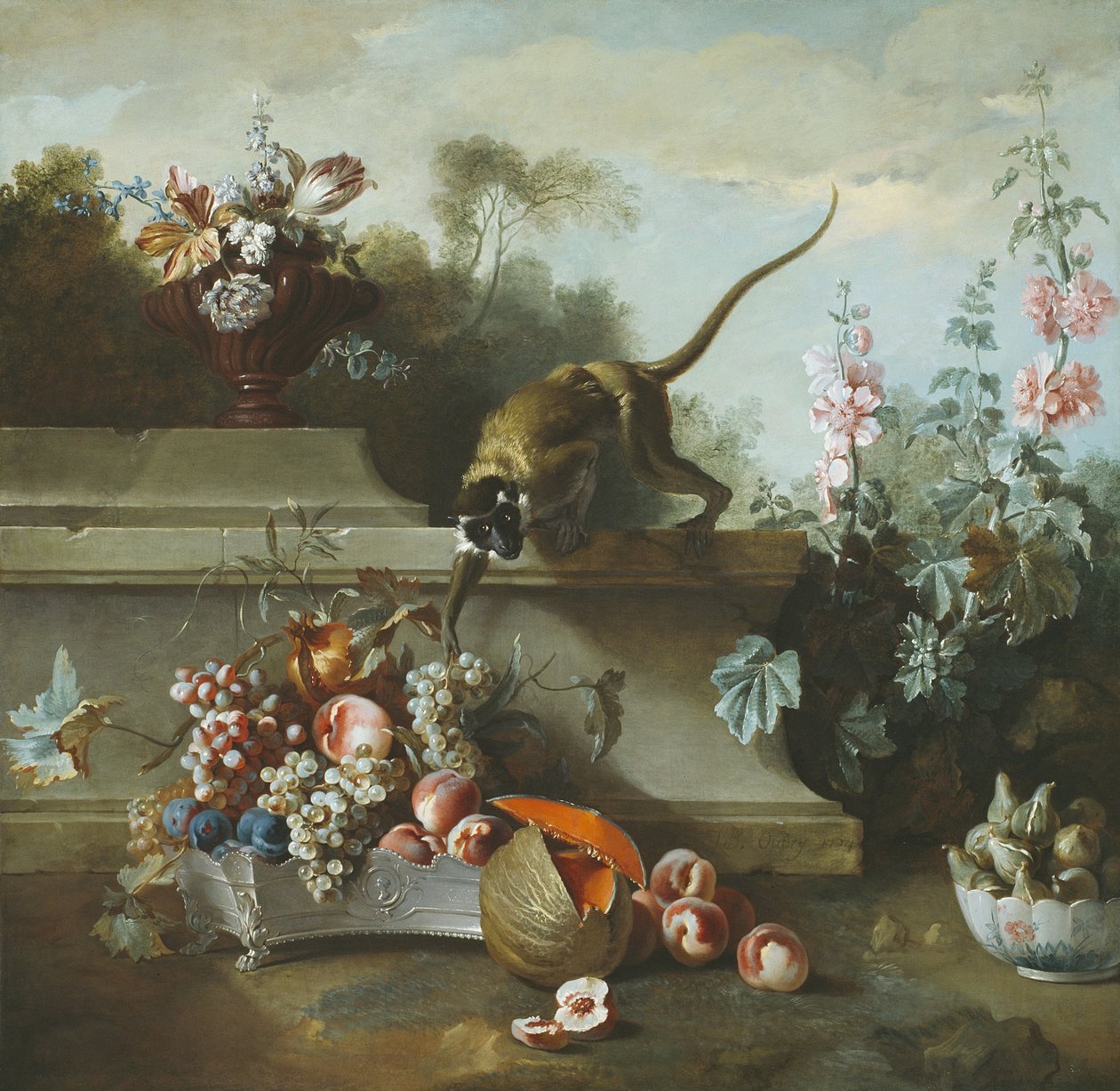 Natureza morta com macaco, frutas e flores, 1724 de Jean Baptiste Oudry